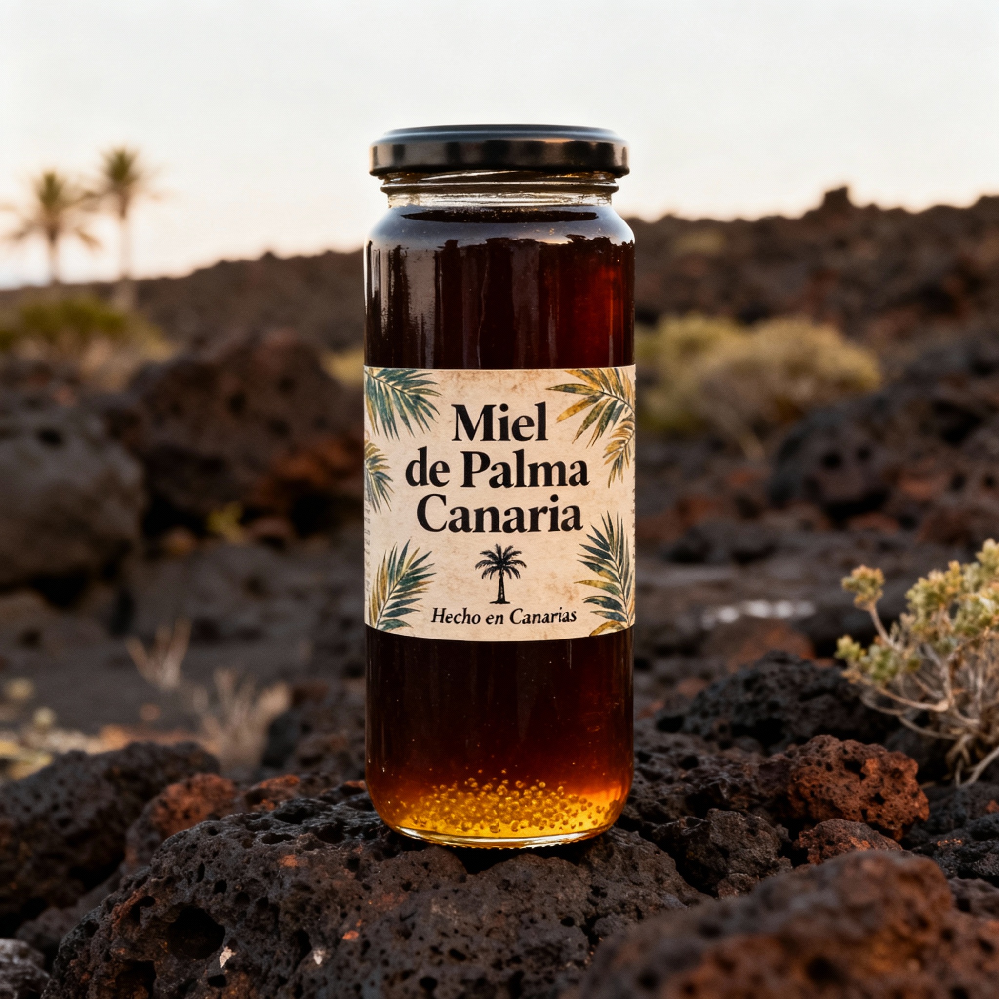 Miel de palma canaria auténtica en bote tradicional de vidrio, mostrando su color oscuro característico